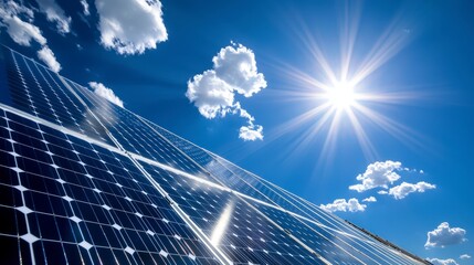 Bright Solar Panels Under Clear Blue Sky with Shining Sunlight