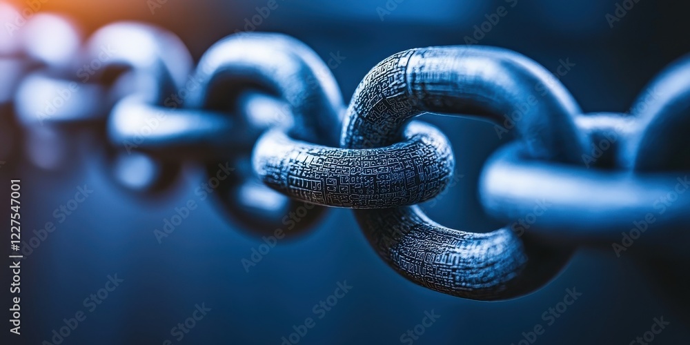 Poster a close-up of a metal chain, showcasing its links with a textured surface and a cool-toned backgroun