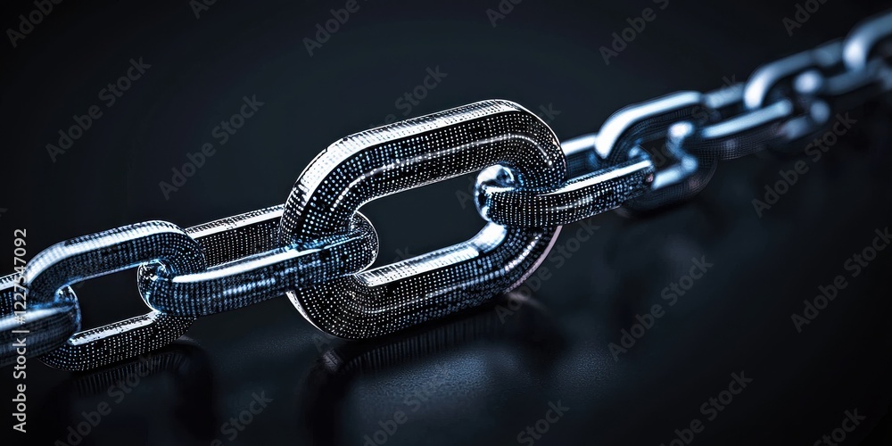 Poster a close-up of a shiny metallic chain link, emphasizing its strength and connection against a dark ba