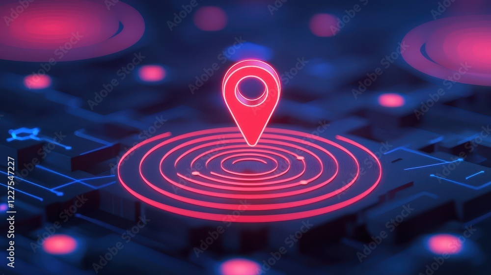 Poster a digital representation of a location pin surrounded by concentric circles, symbolizing navigation 