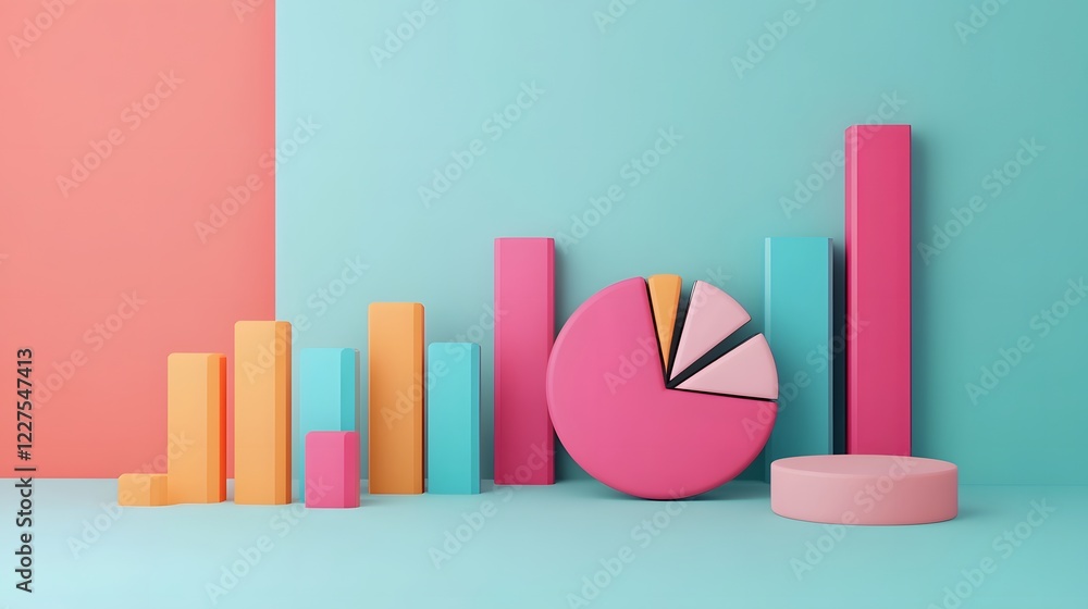 Poster vibrant digital asset portfolio overview with pie charts and bar graphs,3d