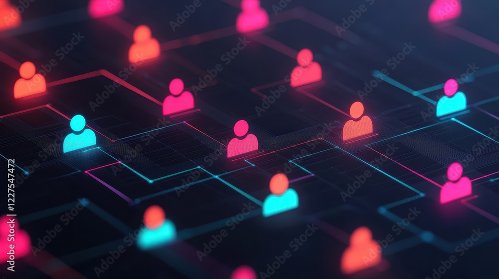 Poster a digital network of colorful user icons, interconnected by lines, representing social connections a