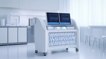 Modern medical equipment with dual screens in a clinical environment.