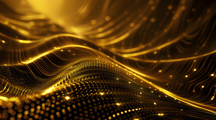 Fototapeta premium Abstract golden waves with shimmering particles creating a dynamic visual effect.