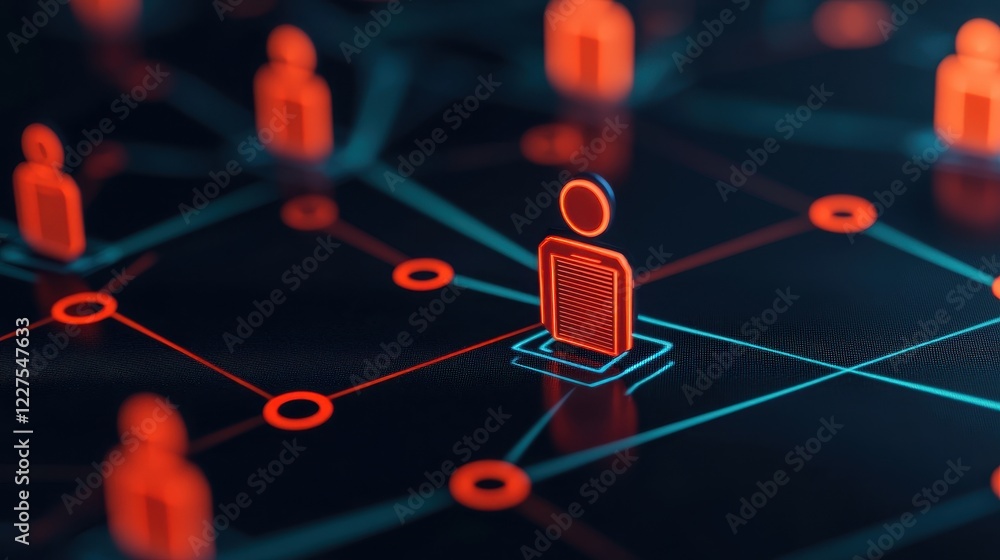 Poster a digital network visualization featuring interconnected nodes, representing people through red icon
