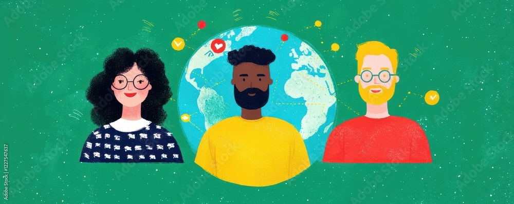 Poster three diverse individuals surrounded by a stylized globe, representing unity and global connection.