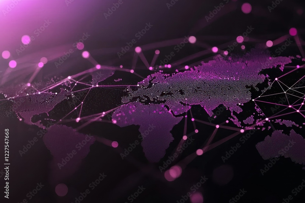 Poster a digital map visualizing global connectivity with vibrant pink and purple hues, featuring a network