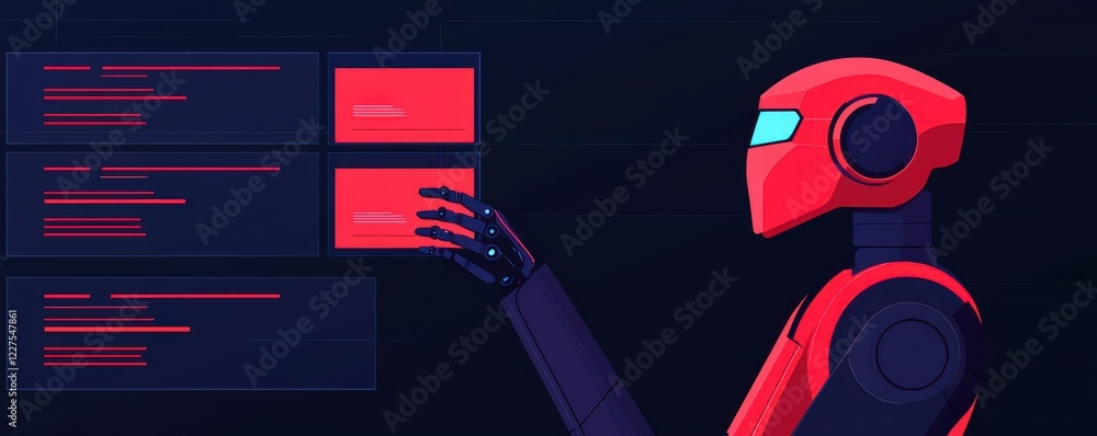 Poster a stylized robotic figure in red interacts with digital interfaces, showcasing futuristic technology