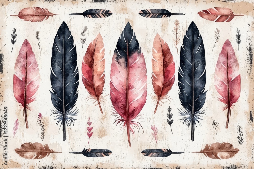Poster muted olive and beige tribal feather and arrow pattern background for rustic or bohemian design