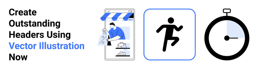 Storefront builder with templates, running figure for action, stopwatch for time and performance. Ideal for business, time management, e-commerce, productivity, fitness, technology flat landing page