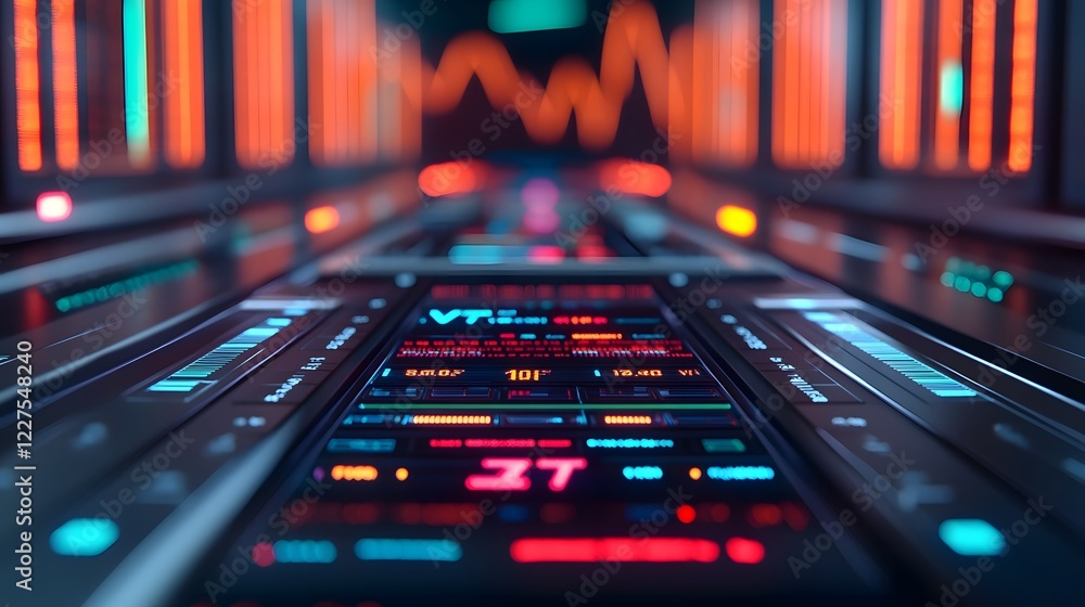 Poster futuristic financial modeling dashboard with glowing npv calculation charts