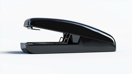 Photorealistic image of a black metal stapler with a slim design, isolated on a white background
