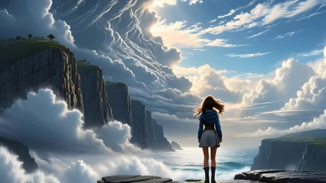 Woman standing on cliff edge with dramatic sky and ocean waves seamless looping 4k time-lapse animation video background
