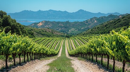 Obraz premium Vineyard Vista: Rows of lush green grapevines stretch towards a breathtaking mountain range and ocean view, creating a picturesque landscape of vineyards under a vibrant blue sky. 