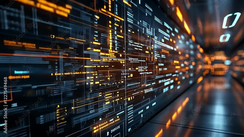 Poster digital data flows through a virtual corridor with glowing text and info lines