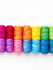 Colorful Thread Spools Arranged on White - Vibrant rainbow colored thread spools, craft supplies, needlework, textile art, DIY project.