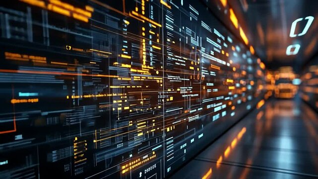Digital data flows through a virtual corridor with glowing text and info lines