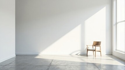 Sunlight streams through a large window illuminating an empty room with a single wooden chair on a light gray floor