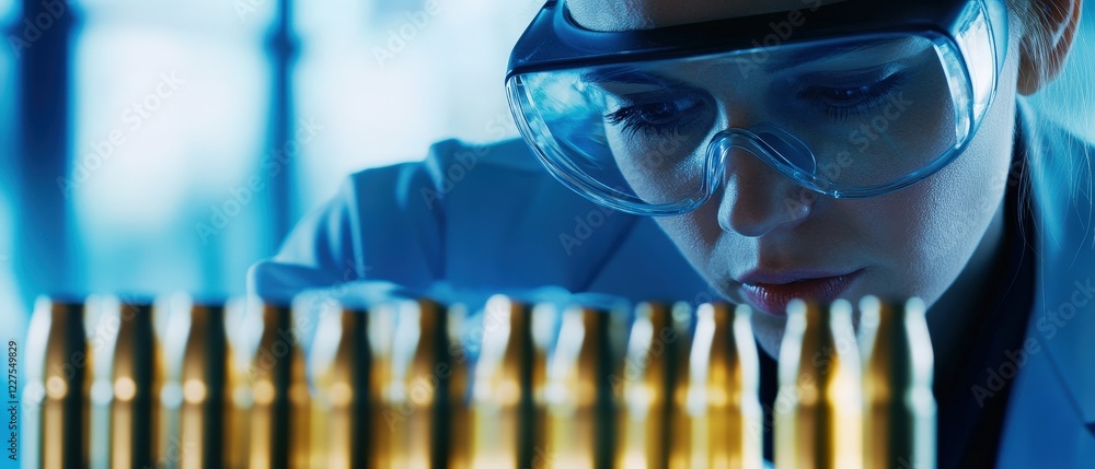 Poster scientist inspecting ammunition components in a laboratory setting, focusing on quality control and 