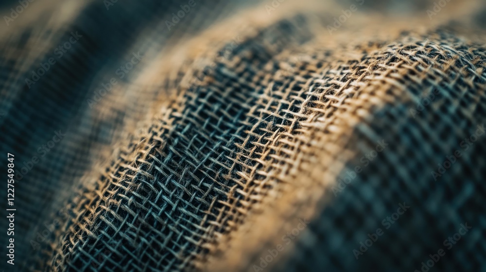 Poster close up detailed macro view of a woven burlap fabric showing the texture of the fibers and fabric w