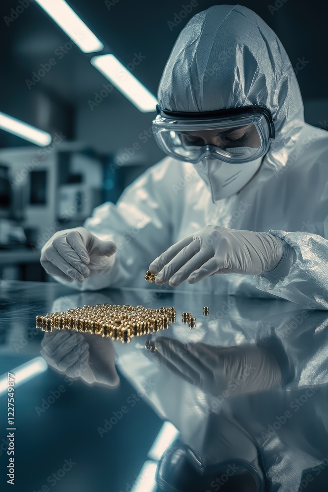 Poster scientist in protective gear working in laboratory, assembling intricate components on a reflective 
