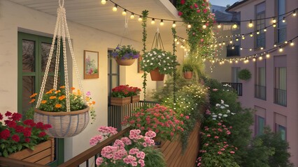 Obraz premium Modern balcony garden with hanging planters