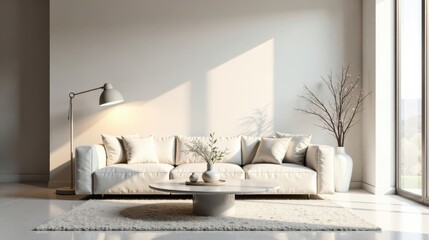 Serene Minimalist Living Room Interior Design with Soft Lighting and Neutral Palette