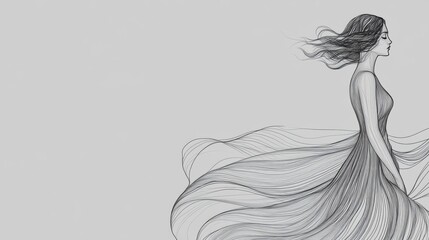 Fototapeta premium Elegant line art illustration of a woman with flowing hair and dress on a minimalistic background
