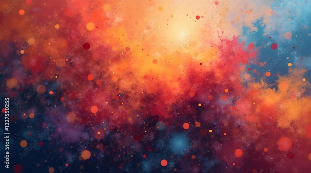 Poster an abstract digital painting with vibrant hues of orange, red, and blue, creating a dynamic and ener
