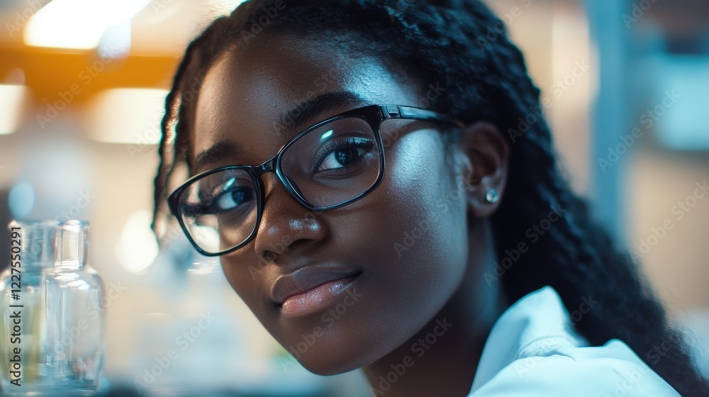 Poster scientist in laboratory using microscope and researching samples, showcasing innovation in technolog