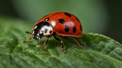 Fototapeta premium A close-up of a vibrant ladybug resting on a green leaf, showcasing its bright red shell with black spots. 