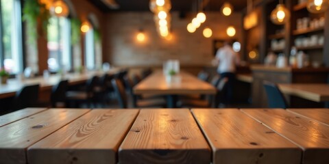 Empty Wooden Table in a Warmly Lit Restaurant Setting with Blurred Background