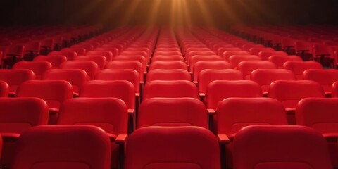 Obraz premium Rows of Vibrant Red Seats in a Darkened Auditorium Awaiting an Audience for a Performance
