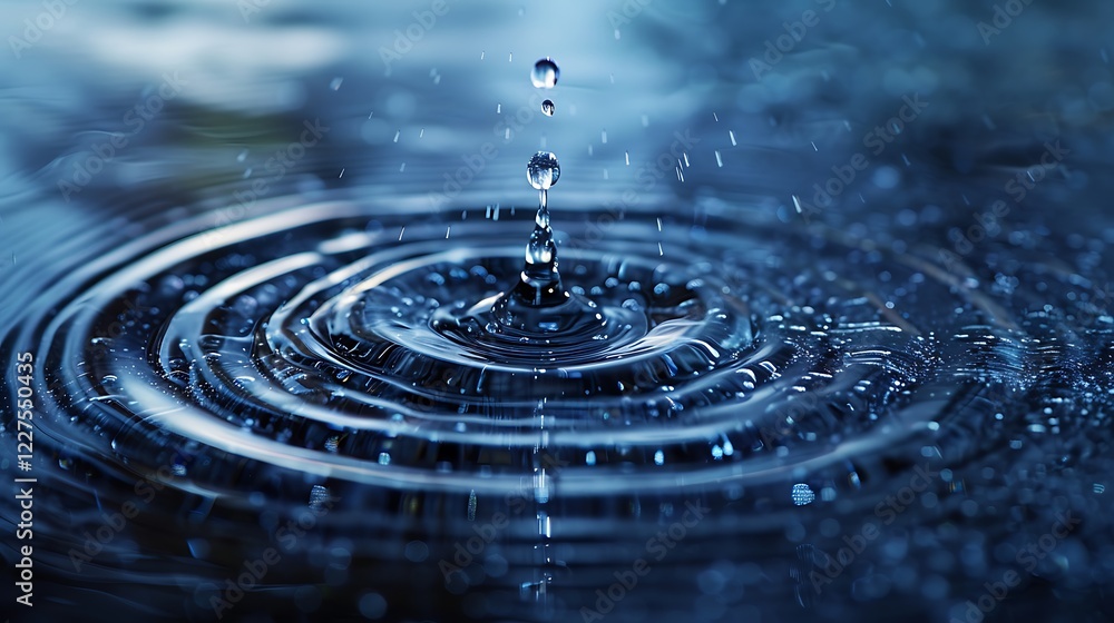 Poster a water droplet impacts the surface creating concentric ripples. the image focuses on the dynamic mo