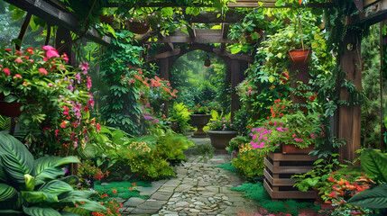 Naklejka premium Sustainable and Creative Outdoor Gardening Space: Inviting Wonder with Eclectic Flora