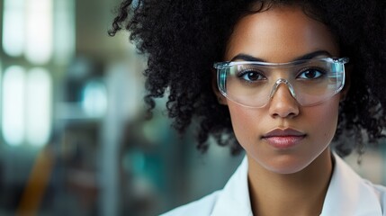 Scientist in laboratory environment wearing protective glasses, focused on research and innovation in biotechnology, conducting experiments and analyzing results.