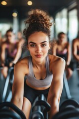 Fototapeta premium people doing cycling training in class in gym.