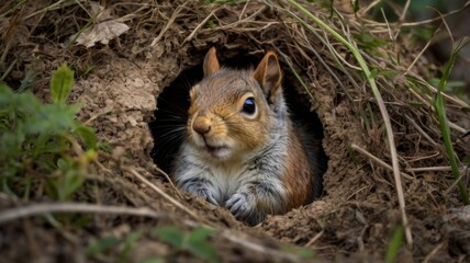 Obraz premium A realistic photograph of a squirrel nestled in its burrow, with its body partially hidden and only its head visible. 