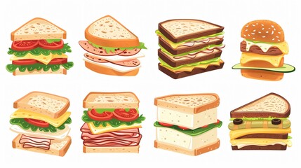 Delicious Cartoon Sandwiches Ingredients. Crispy Sandwich with Dill
