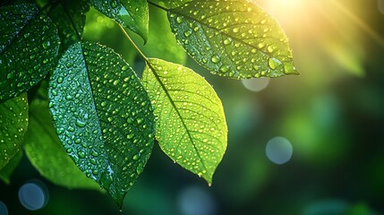Dew-Kissed Leaves: Close-up of vibrant green leaves glistening with morning dew, sunlight filtering through, creating a refreshing and serene image. 