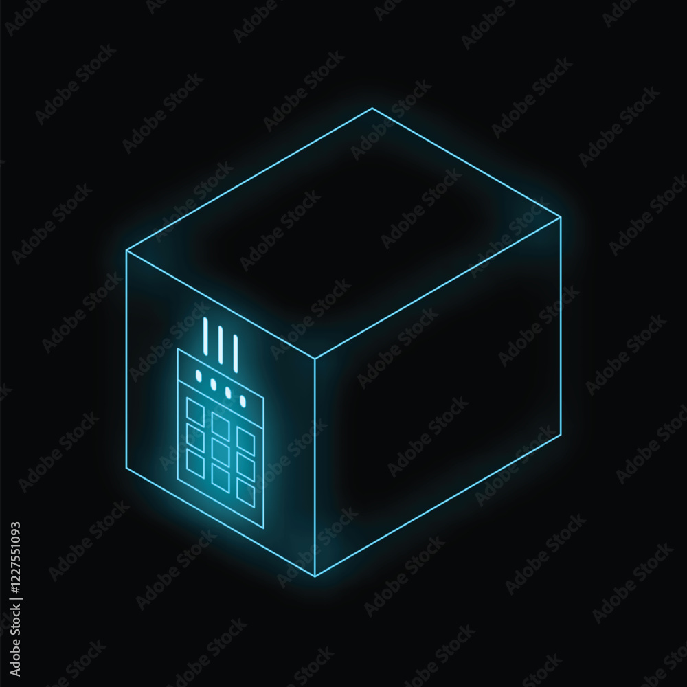 Poster glowing neon server icon representing the concept of cloud computing and data storage
