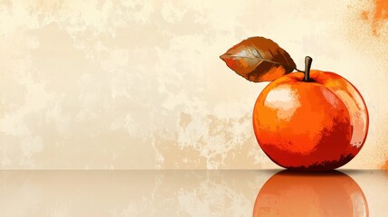 Obraz premium Vibrant Orange Fruit with Leaf on Smooth Surface Against Soft Textured Background for Food and Health Themes