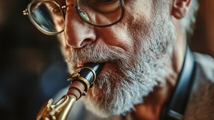 Saxophonist playing music passionately, close-up of performance, jazz musician expressing creativity through art, sound and emotion in a vibrant atmosphere.