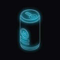 Fototapeta premium Blue neon aluminum can glowing in the dark