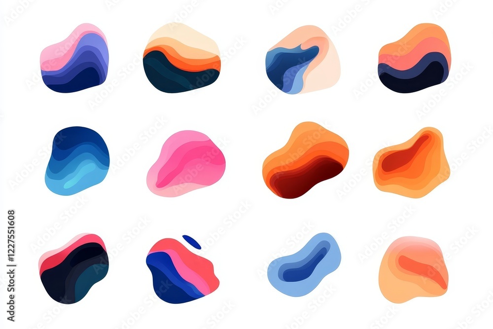 Poster colorful abstract shapes arranged in a grid pattern showcasing various organic forms and hues