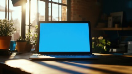 Bright Workspace with Laptop and Green Plants in Sunlight Setting