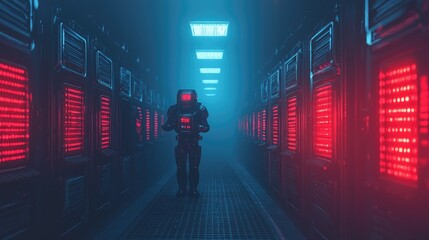 Fototapeta premium Futuristic Server Room, Cyborg Technician, Neon Lights, Data Center, Sci-Fi Background