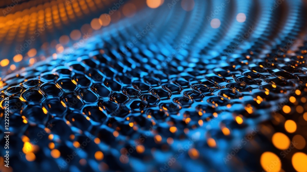 Poster close-up view of a holographic tech grid with intricate geometric patterns and glowing lights