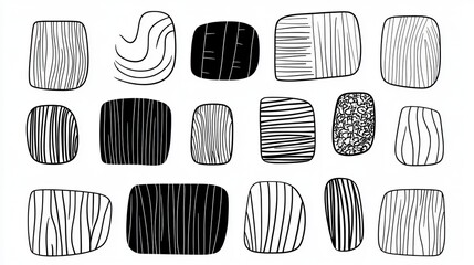 Collection of abstract black and white shapes inspired by natural textures featuring wood grain patterns and smooth stones