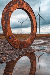 Rusty metal ring reflecting in puddle with wind turbines in background under cloudy sky, showcasing renewable energy and industrial landscape in harmony.